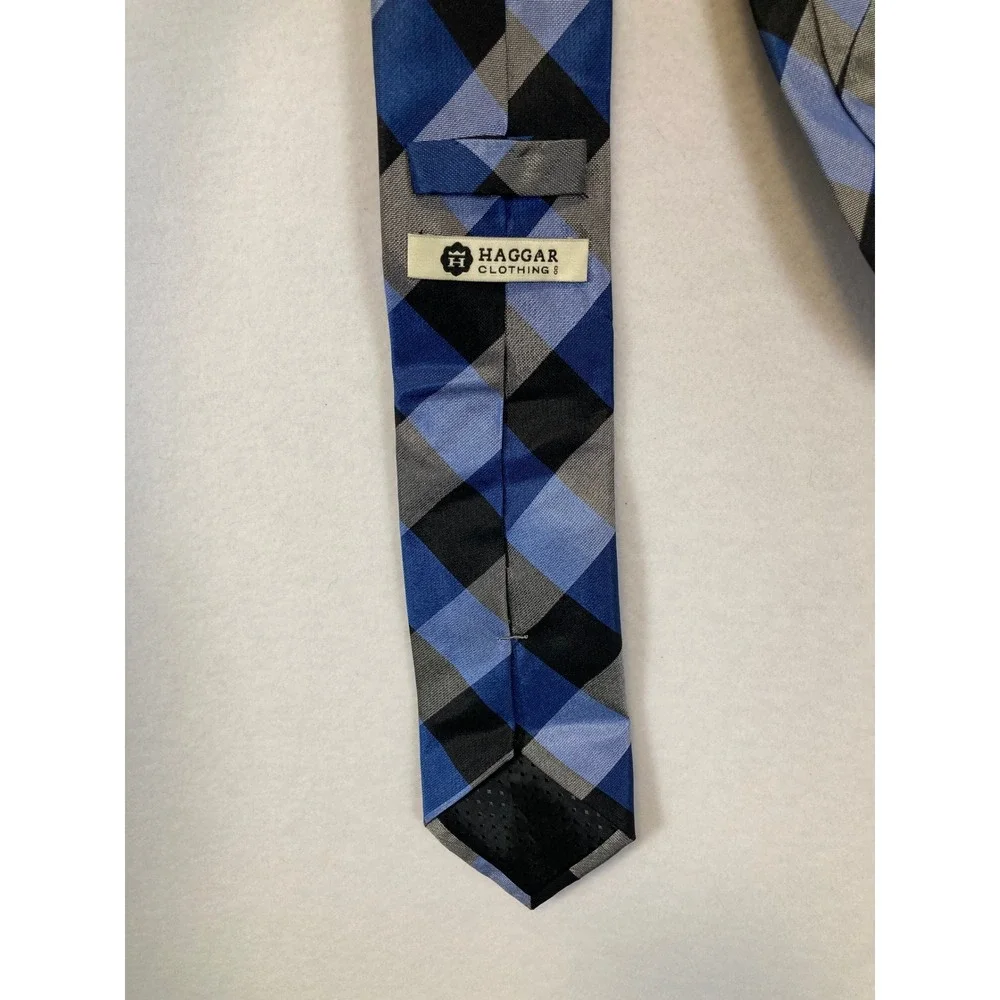 Haggar Silk Necktie Mens OS Blue Grey Black Buffalo Check Plaid Geometric‎ Tie